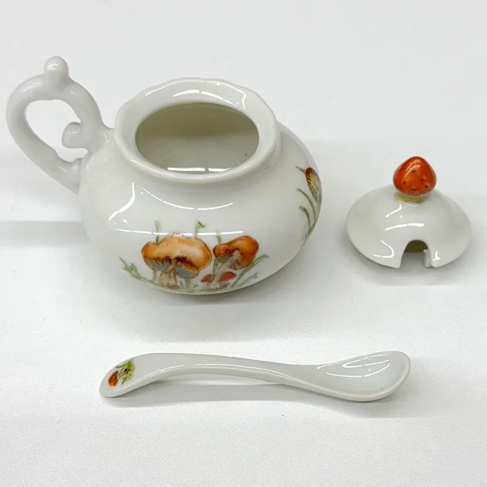 L Lancaster Hand Painted Mushroom Porcelain Jam Pot with Lid and‎ Spoon Vintage